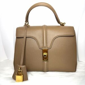 CELINE Soft 16 Small Top Handle Bag Etoupe Grained Calfskin